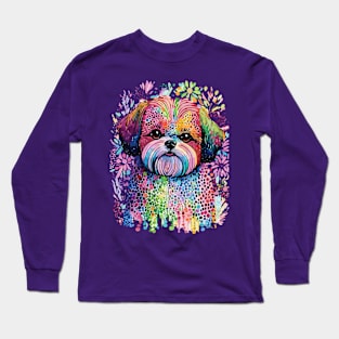 Shih Tzu Colorful Digital Folk Art Long Sleeve T-Shirt